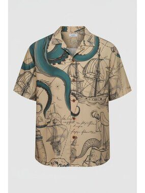 Men’s Nautical Octopus Ship Print Hawaiian Shirt Tan Short Sleeve Button Up 3XL